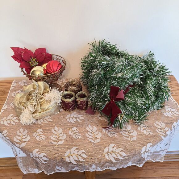 Vintage Holiday Decor Bundle Wire Basket | Garland | Ribbon | Satin Bag | Lace - Picture 1 of 10